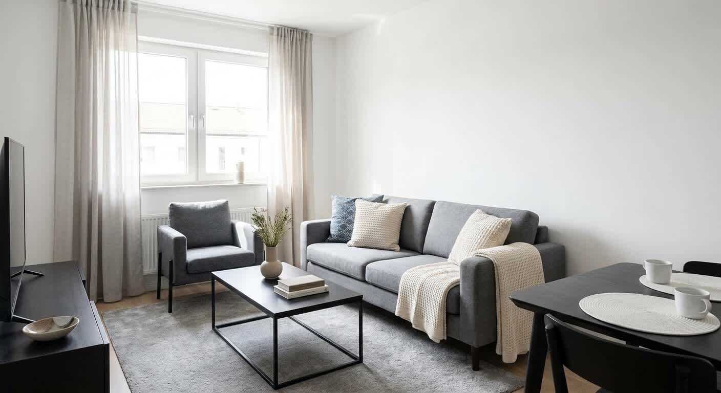 A modern living room with a grey sofa, a black coffee table, and a dining table with white placemats.