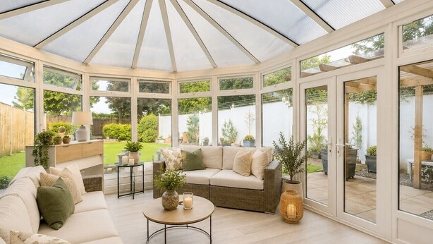 A conservatory with a glass ceiling, a sofa set, a round coffee table, and potted plants. - Manor Road Retreat | Modern | Sleeps 5 (London Colney)