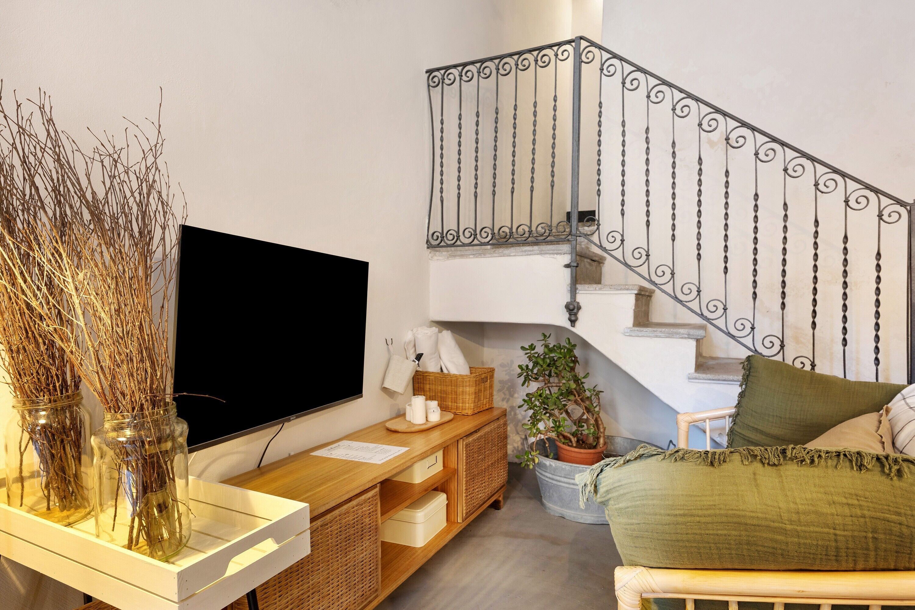 A living room with a flat-screen TV, a wooden side table with a vase of branches, a wicker basket, a potted plant, and a green cushion on a wooden chair.