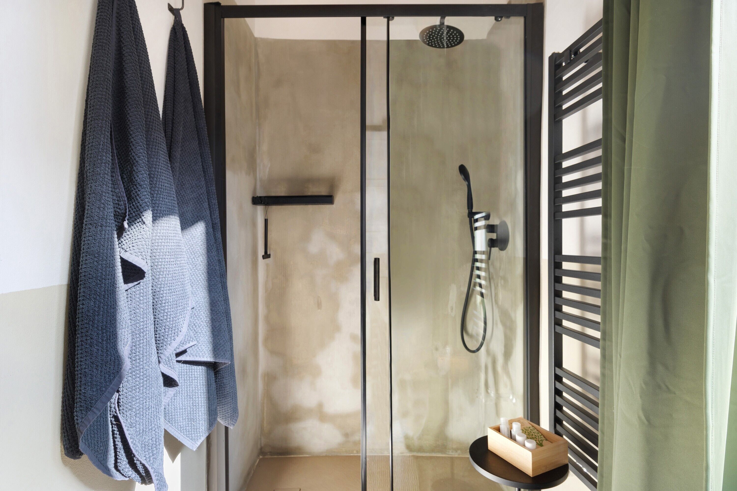 Shower, hair dryer, towels