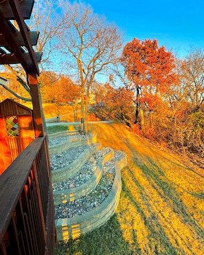 A garden with a winding stone path, trees with autumn foliage, and a wooden structure. - Luxurious, modern 3-br artist’s getaway with downtown views (Tulsa)