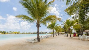 Ein Strand mit Palmen, Liegestühlen und blauem Himmel.
