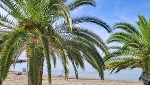 A beach with palm trees and a clear sky. - 2BR Ocean View Beach Apartment Pool La Manga (Cartagena)