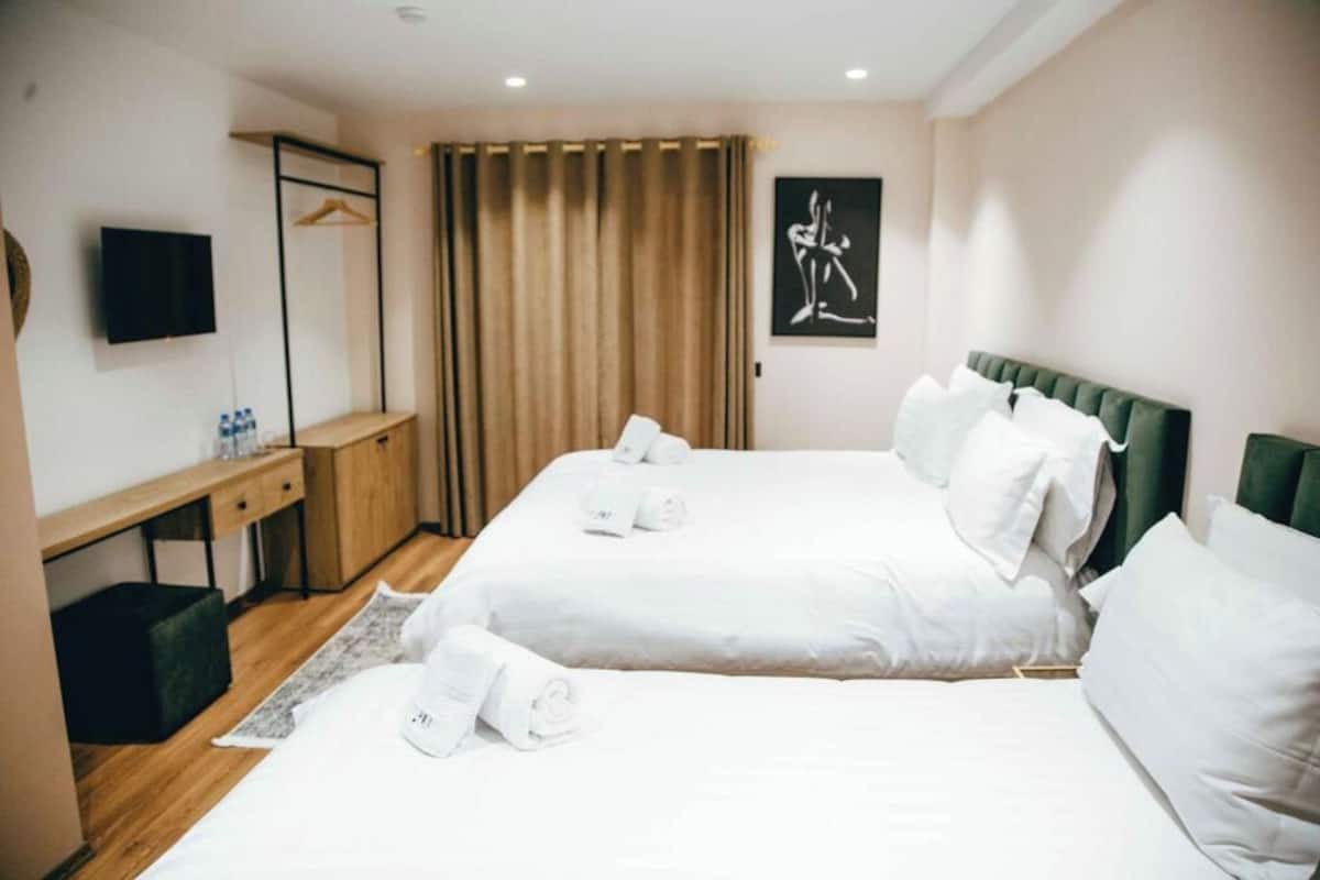 Habitación de hotel con dos camas, un escritorio, un televisor, un espejo y un cuadro en la pared.