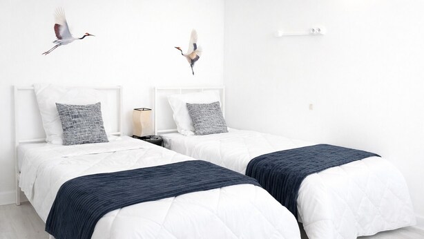 Een hotelkamer met twee bedden, witte beddengoed, een nachtkastje met een lamp en wanddecoratie van vogels.