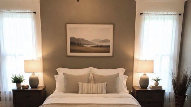 Um quarto com uma cama grande, duas mesas de cabeceira com luminárias, um quadro na parede e uma janela com cortinas.