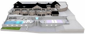 Ein Resort mit Pool, Außenbereich zum Sitzen und einem Steinhaus mit mehreren Balkonen.