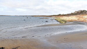 Una playa costera con un litoral rocoso, agua tranquila y colinas a lo lejos.