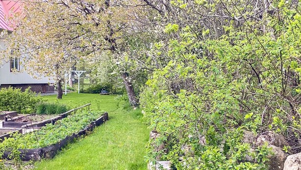 Un jardín con bancales elevados, un muro de piedra y una casa con tejado rojo.