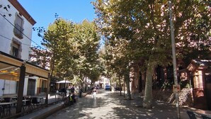 A tree-lined cobblestone street with outdoor seating and a building with balconies.