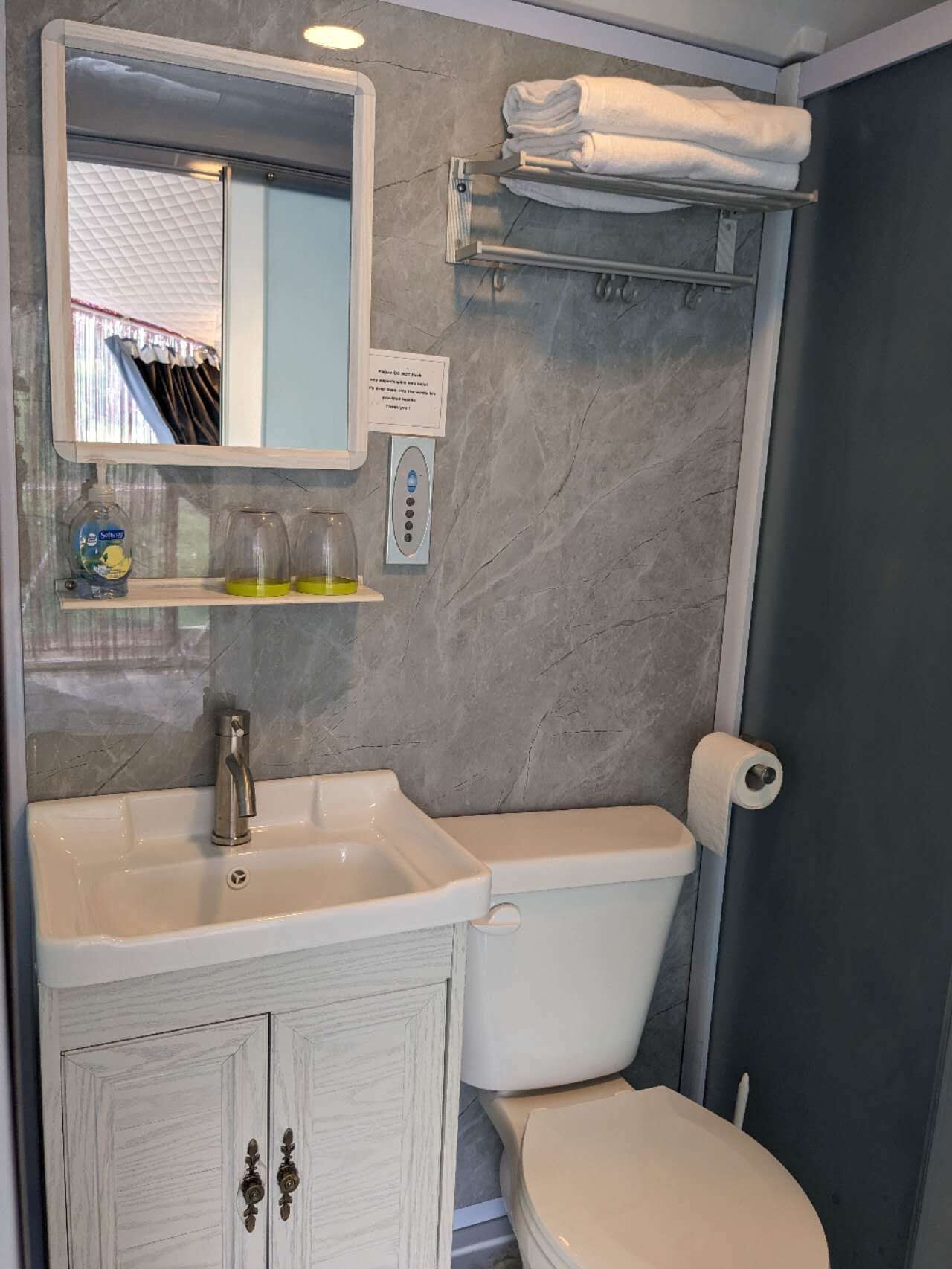 Shower, towels, toilet paper