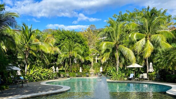 Una piscina con una fuente central, rodeada de palmeras y sillas de descanso.