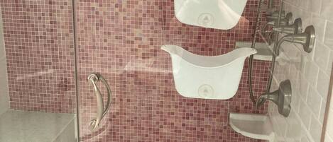 Hair dryer, towels, soap, toilet paper