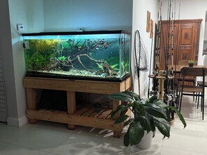A large fish tank on a wooden stand with a potted plant nearby. - 1-bedroom house w/ pool in quaint Margate FL 20 min to Pompano beach attractions (Margate)