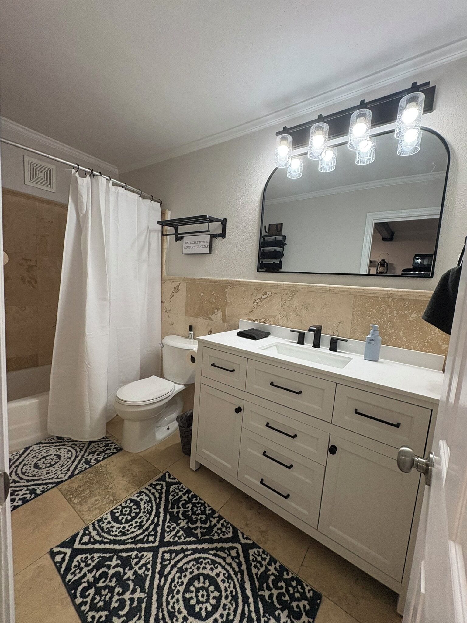 Hair dryer, towels, soap, toilet paper