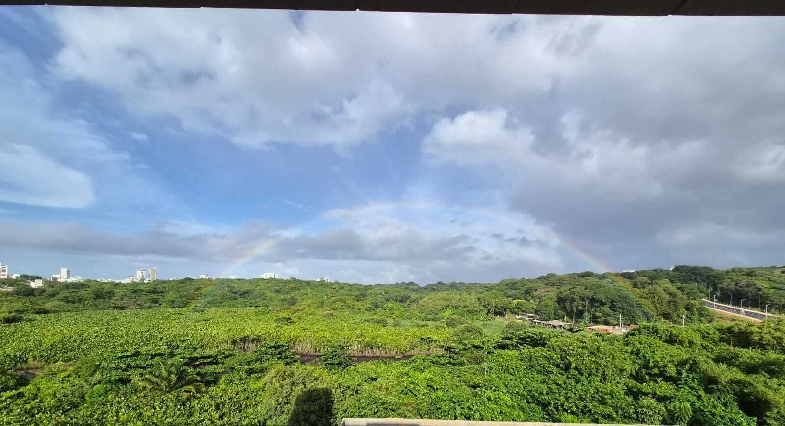 A lush green landscape with a clear sky and a rainbow.