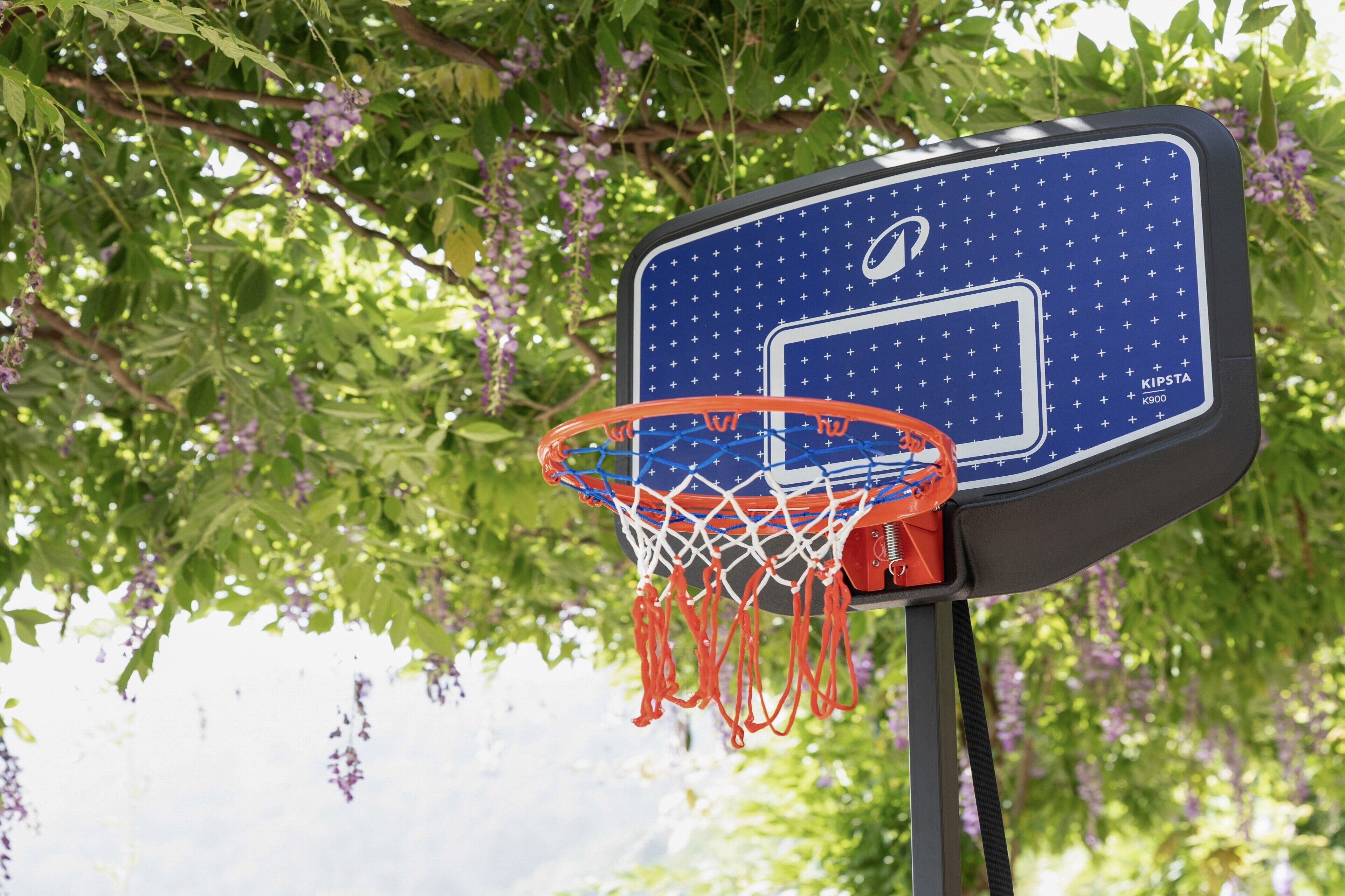 Un aro de baloncesto con red, sujeto a un tablero con un logotipo, sobre un fondo de follaje verde y flores púrpuras.