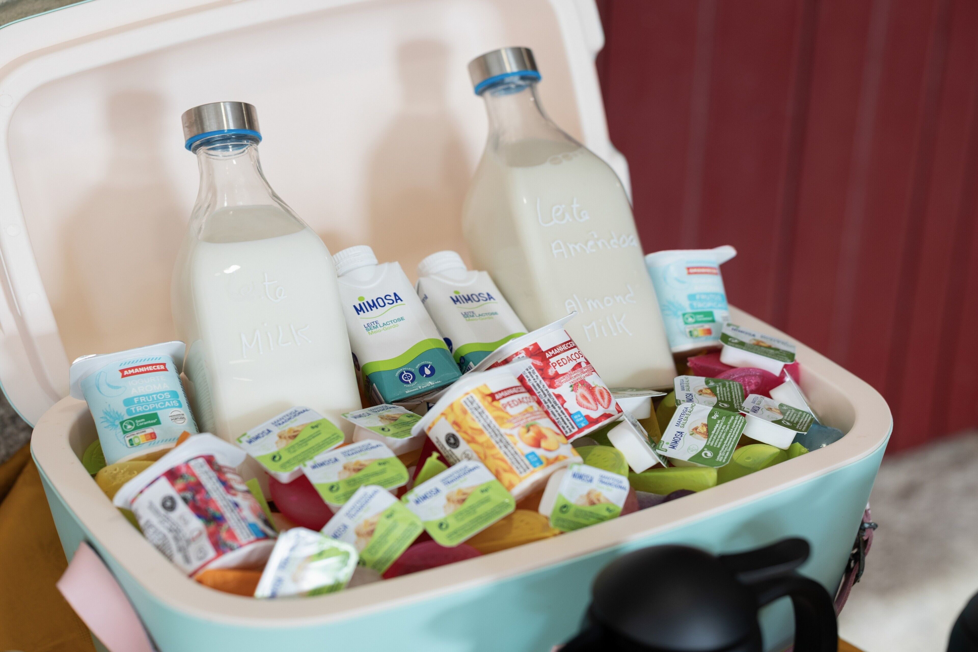 Un refrigerador lleno de botellas de leche, recipientes de yogur y diversos alimentos envasados.