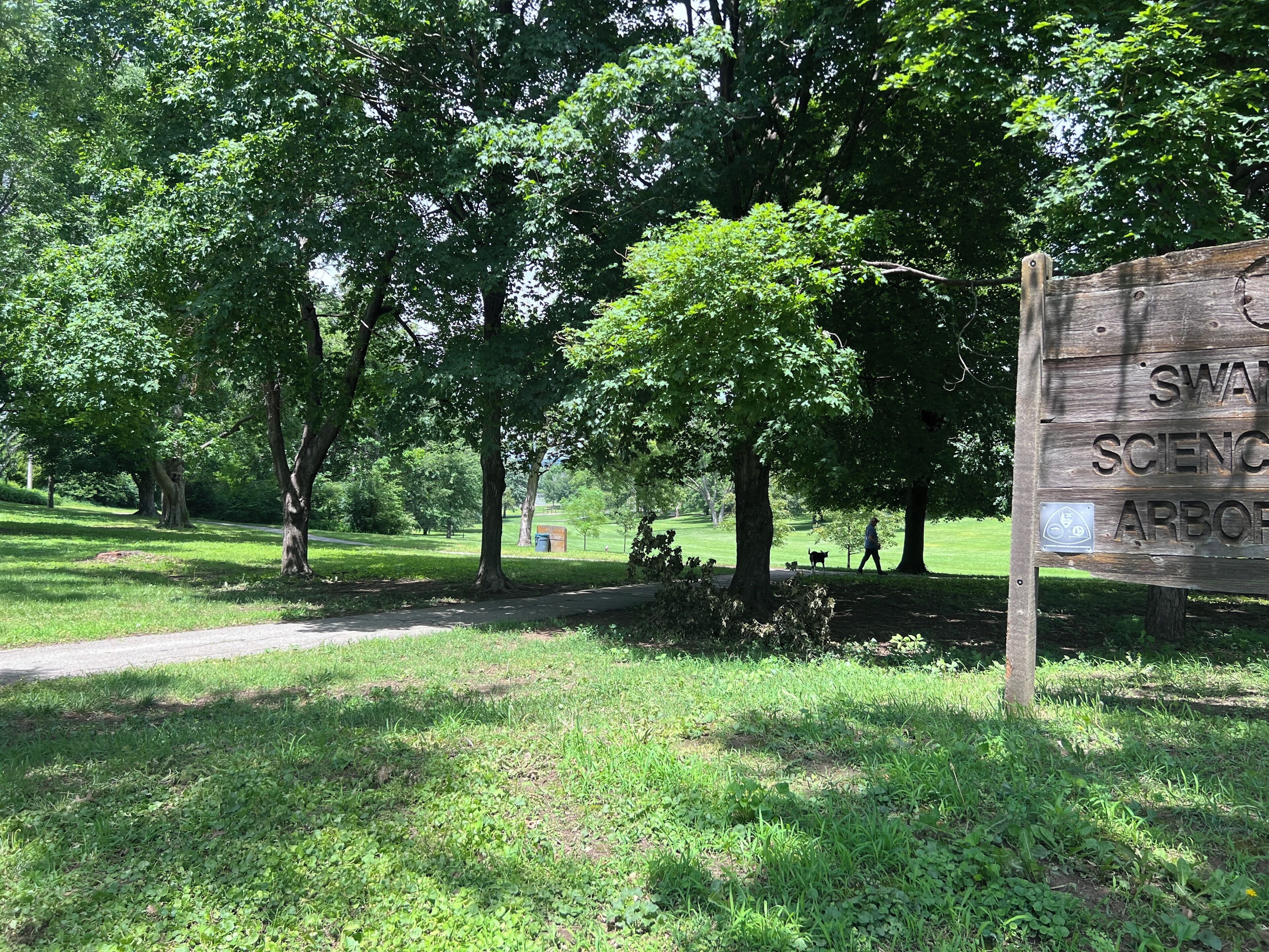Un parque con un letrero de madera, árboles y un sendero para caminar.
