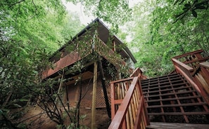 Eine Holztreppe führt zu einer Holzhütte, umgeben von dichtem Grün.