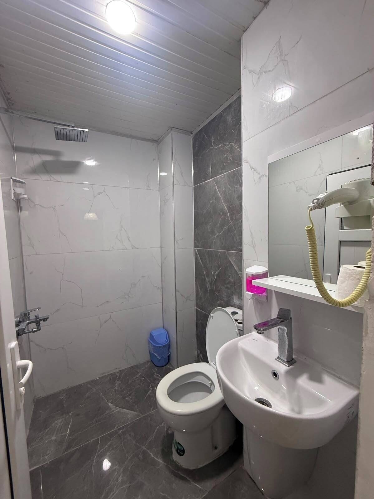 Ein Badezimmer mit Toilette, Waschbecken und Dusche.