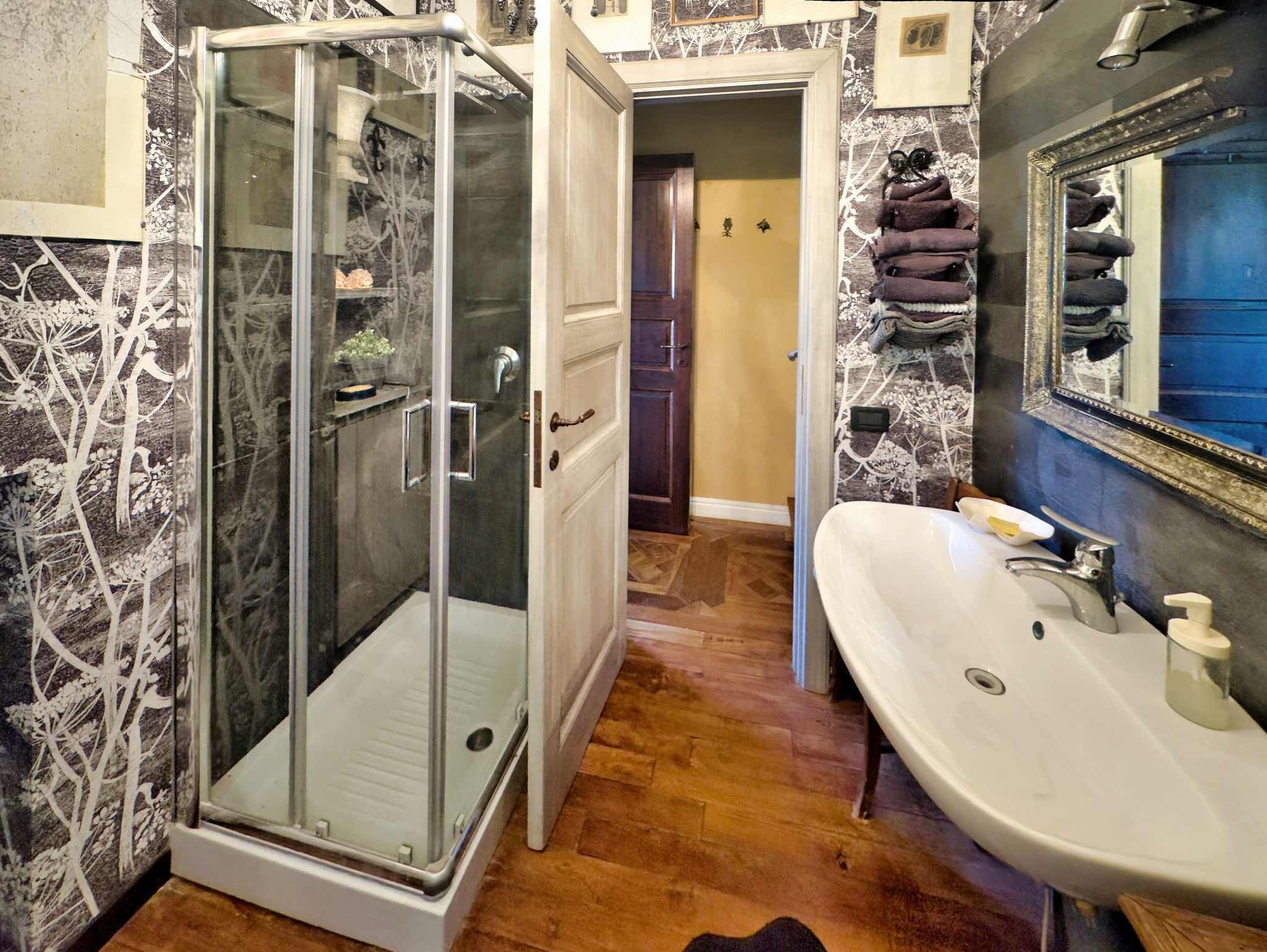 Shower, hair dryer, towels, shampoo