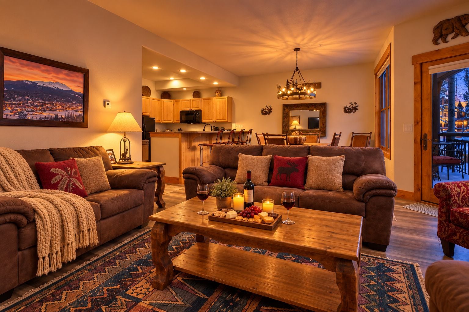 Una sala de estar acogedora con chimenea, comedor y cocina.