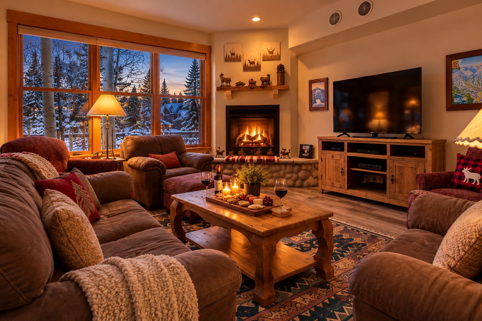 A cozy living room with a fireplace, leather sofas, a coffee table with snacks, and a TV.