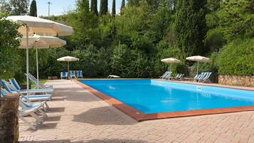 A swimming pool with lounge chairs and umbrellas, surrounded by greenery.