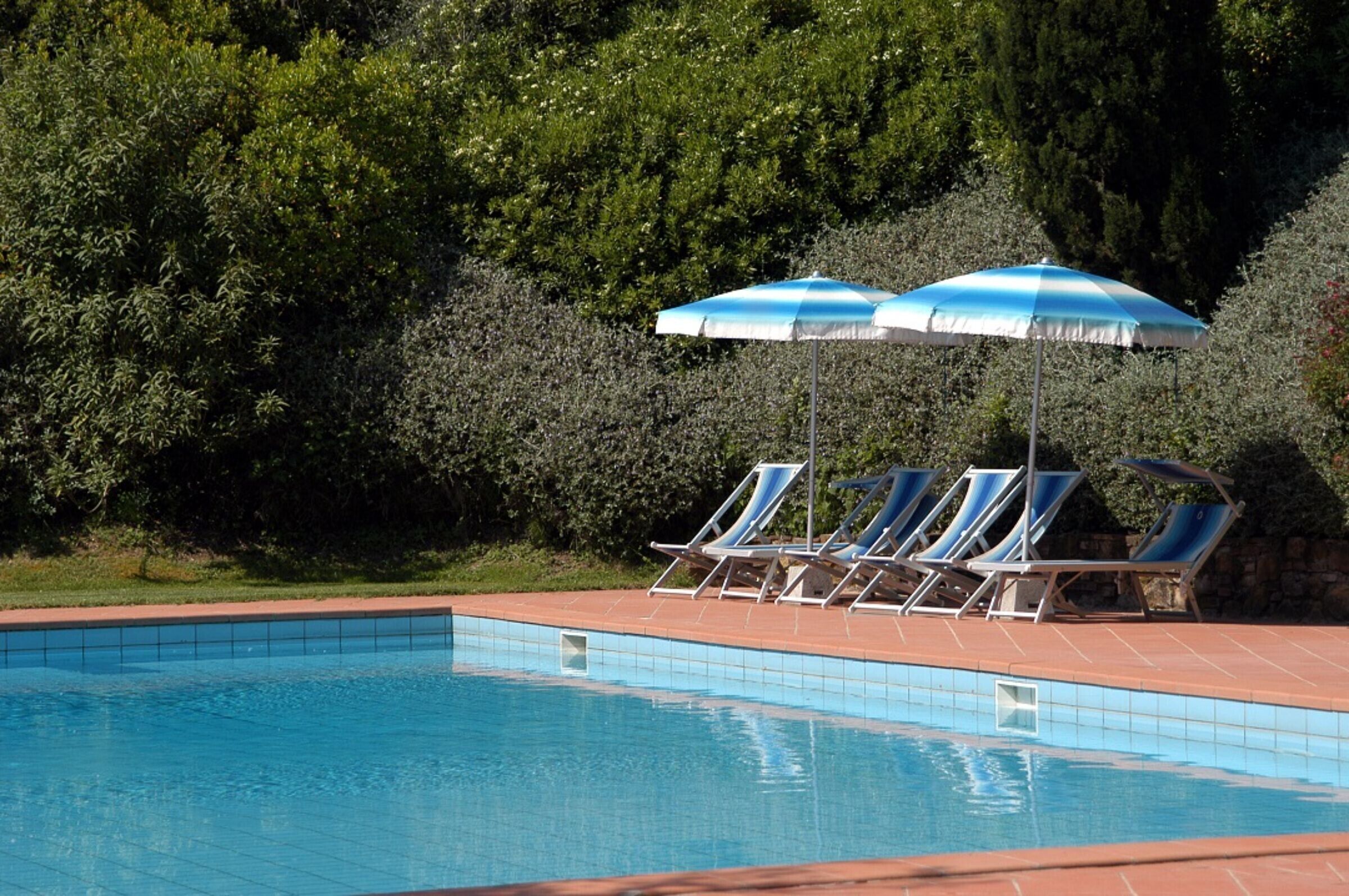 A swimming pool with blue and white striped umbrellas, lounge chairs, and a tiled edge.