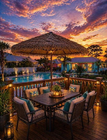 A poolside area with a thatched umbrella, wooden deck, and outdoor seating.