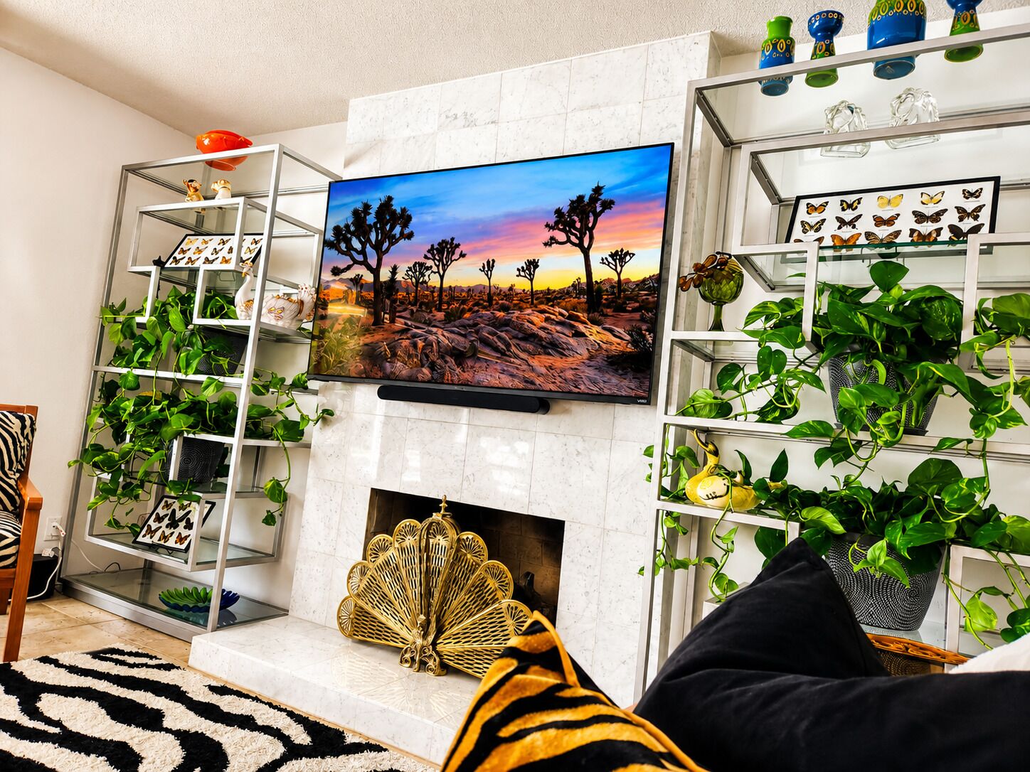 Un salon avec un téléviseur, des étagères ornées de plantes, une cheminée et un tapis à motifs zébrés.