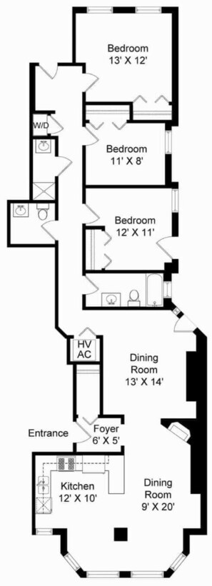 Een plattegrond met drie slaapkamers, een keuken, een eetkamer en een inkom.