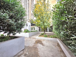 A courtyard with concrete pathways, a tree with yellow flowers, and surrounding greenery.