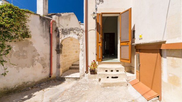A narrow alleyway with a door leading to a building, a small step, and a potted plant.