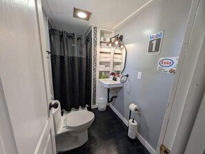Hair dryer, towels, soap, shampoo