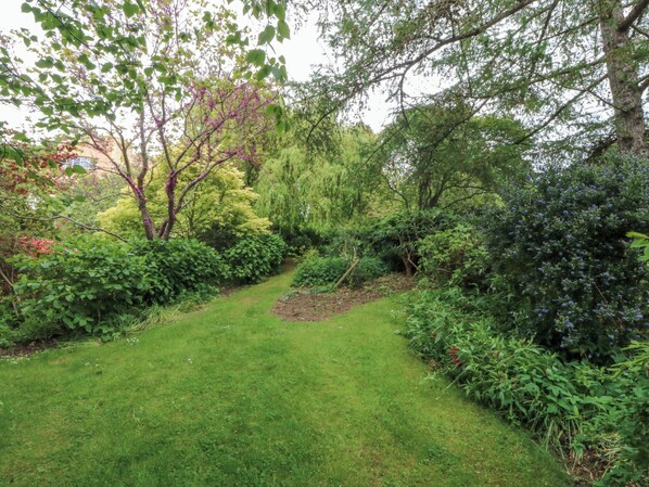 A garden pathway surrounded by lush greenery and trees. - The Treehouse (Colwyn Bay)