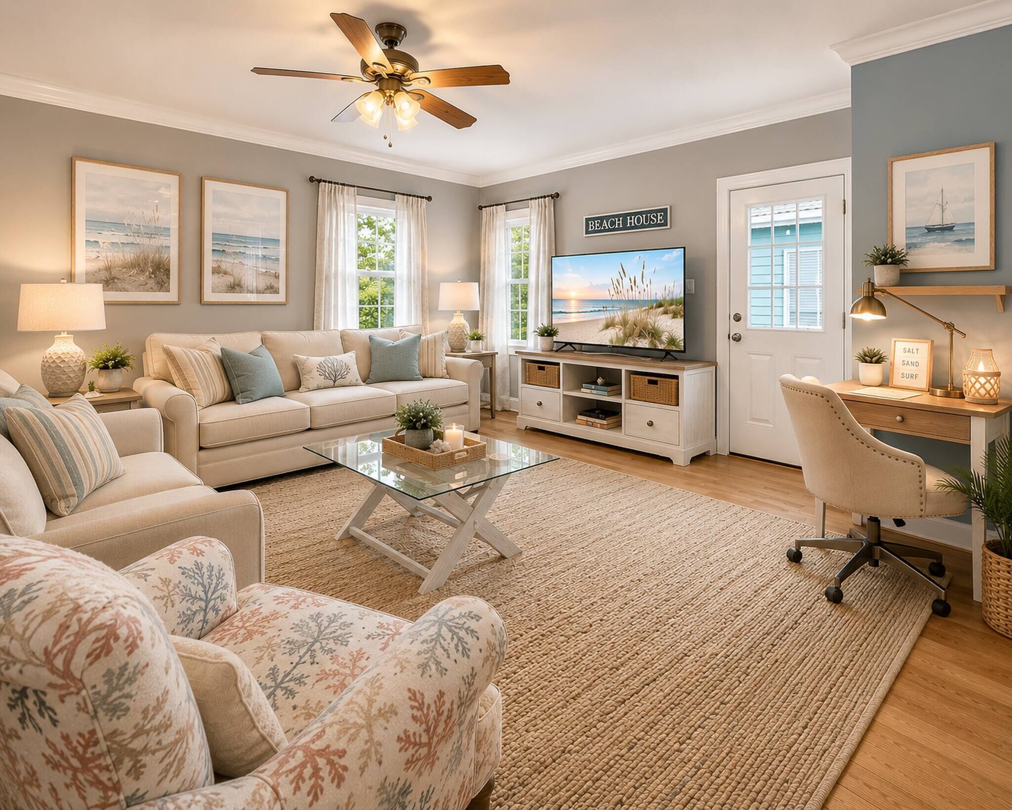 A living room with a sofa, armchair, coffee table, TV, and a desk with a chair.