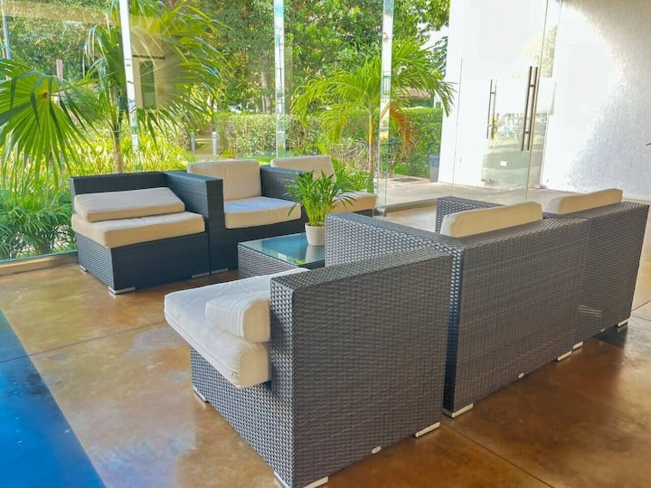 Un espace patio aménagé avec des meubles en osier, une table en verre et une plante en pot.