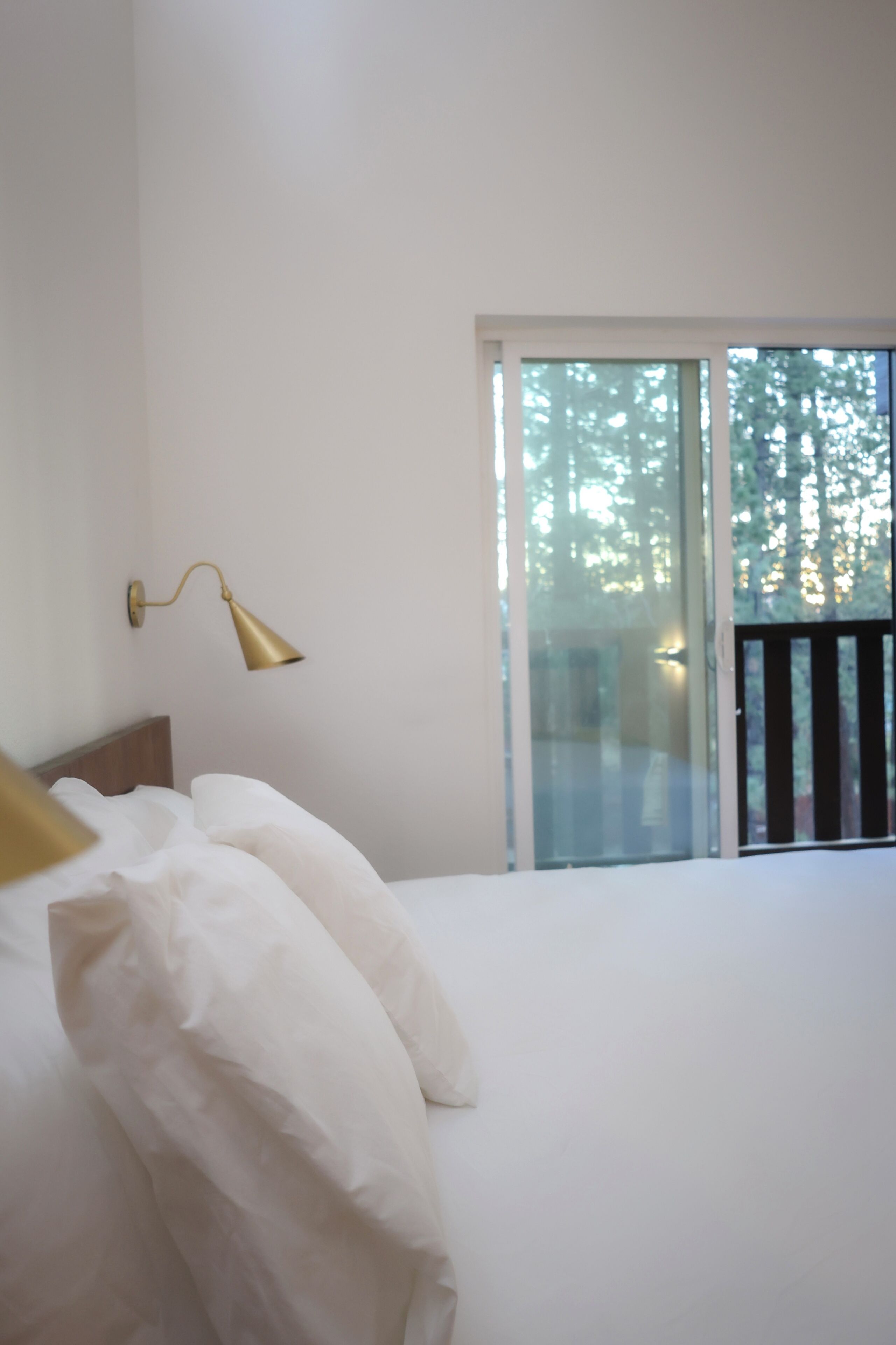 A bedroom with a bed, a wall-mounted lamp, and a view through a glass door to an outdoor area.