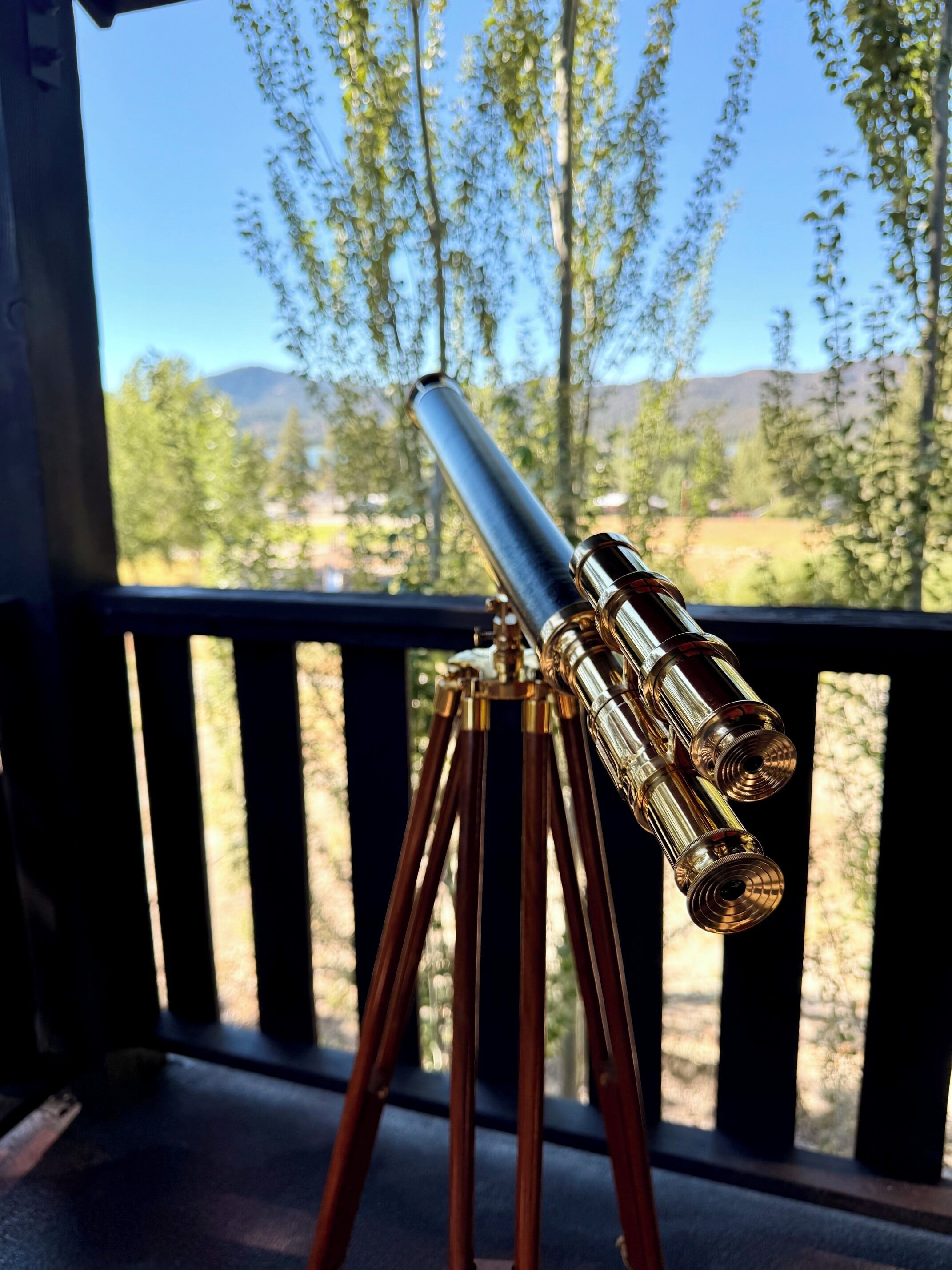 A telescope on a tripod outside a building with a view of trees and mountains.