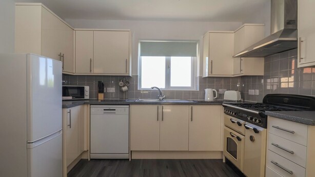 Una cocina moderna equipada con lavavajillas, microondas, estufa y lavabo.