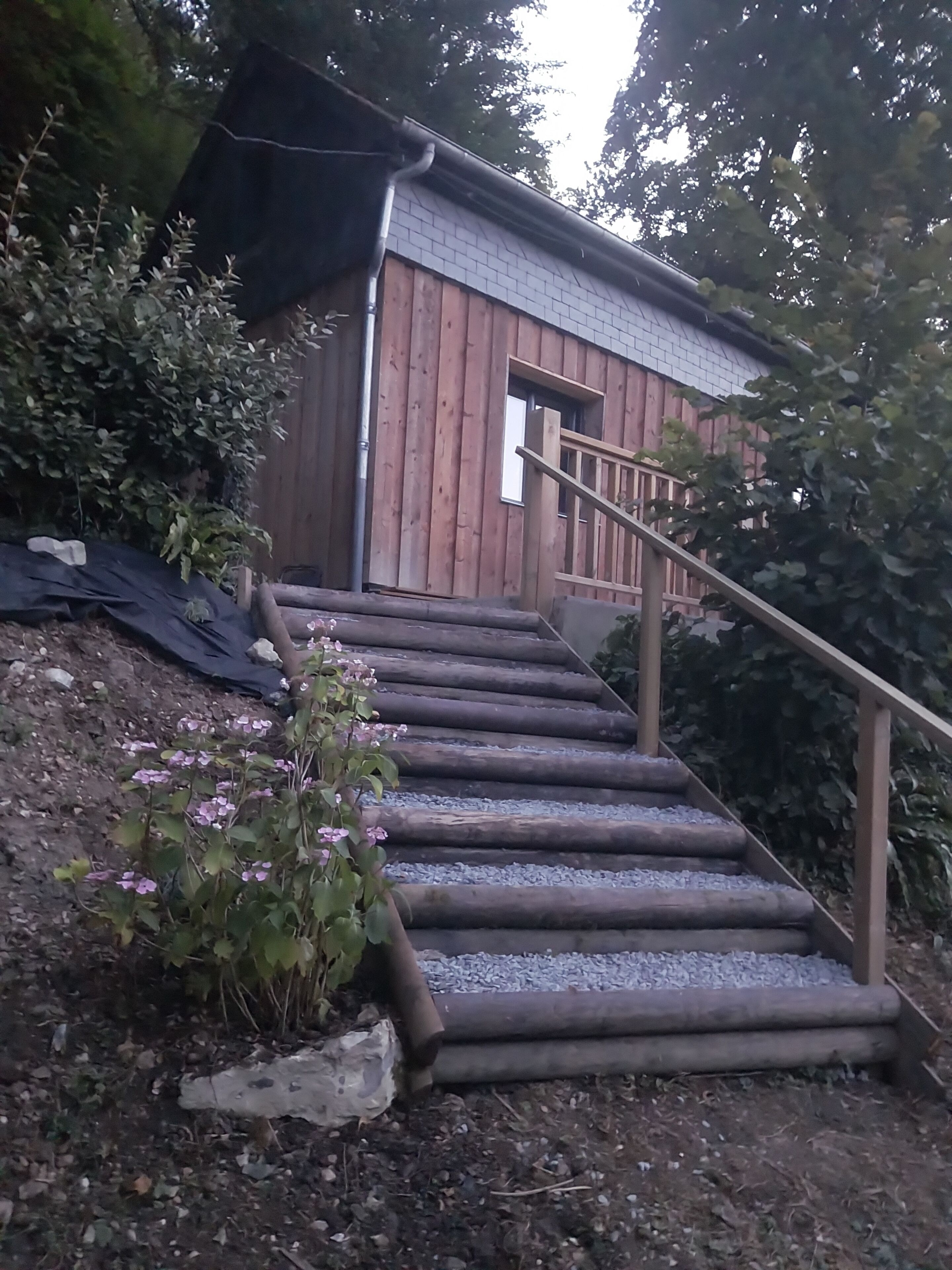 A wooden cabin with a staircase leading to a door, surrounded by vegetation.