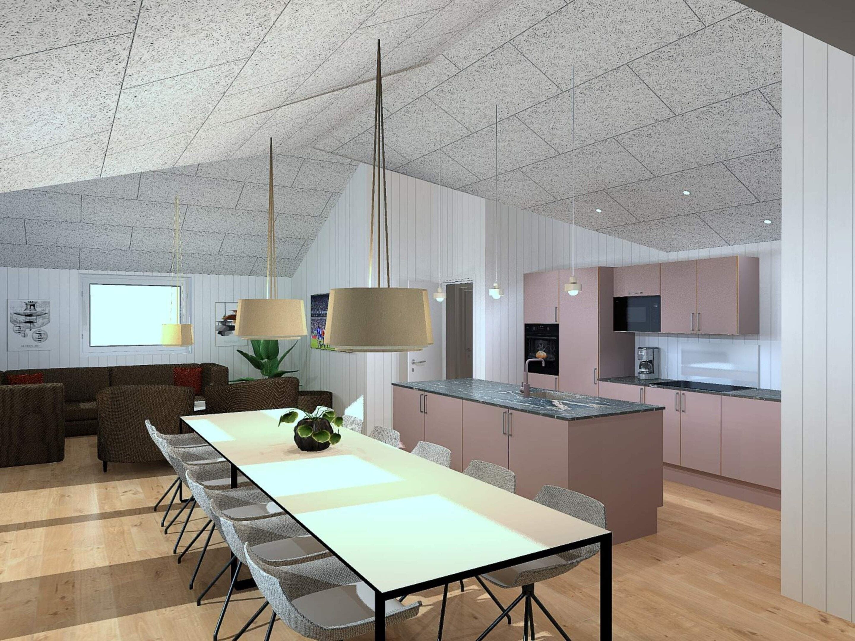 A modern kitchen with a central island, a dining area with a long table and chairs, and a living area with a sofa and a coffee table.