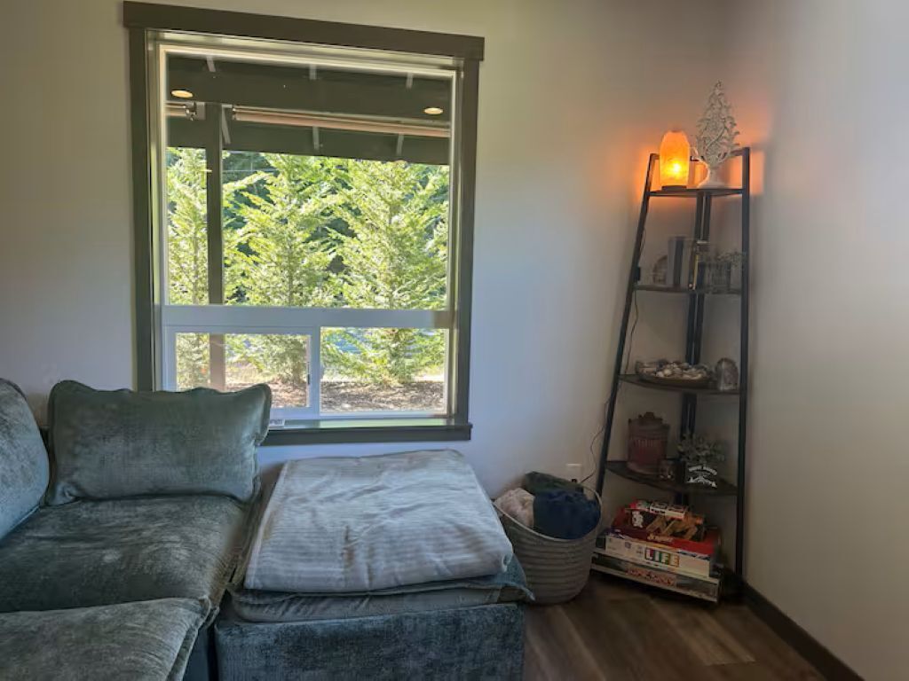 Una habitación con ventana, un sofá, una lámpara y una estantería con objetos.
