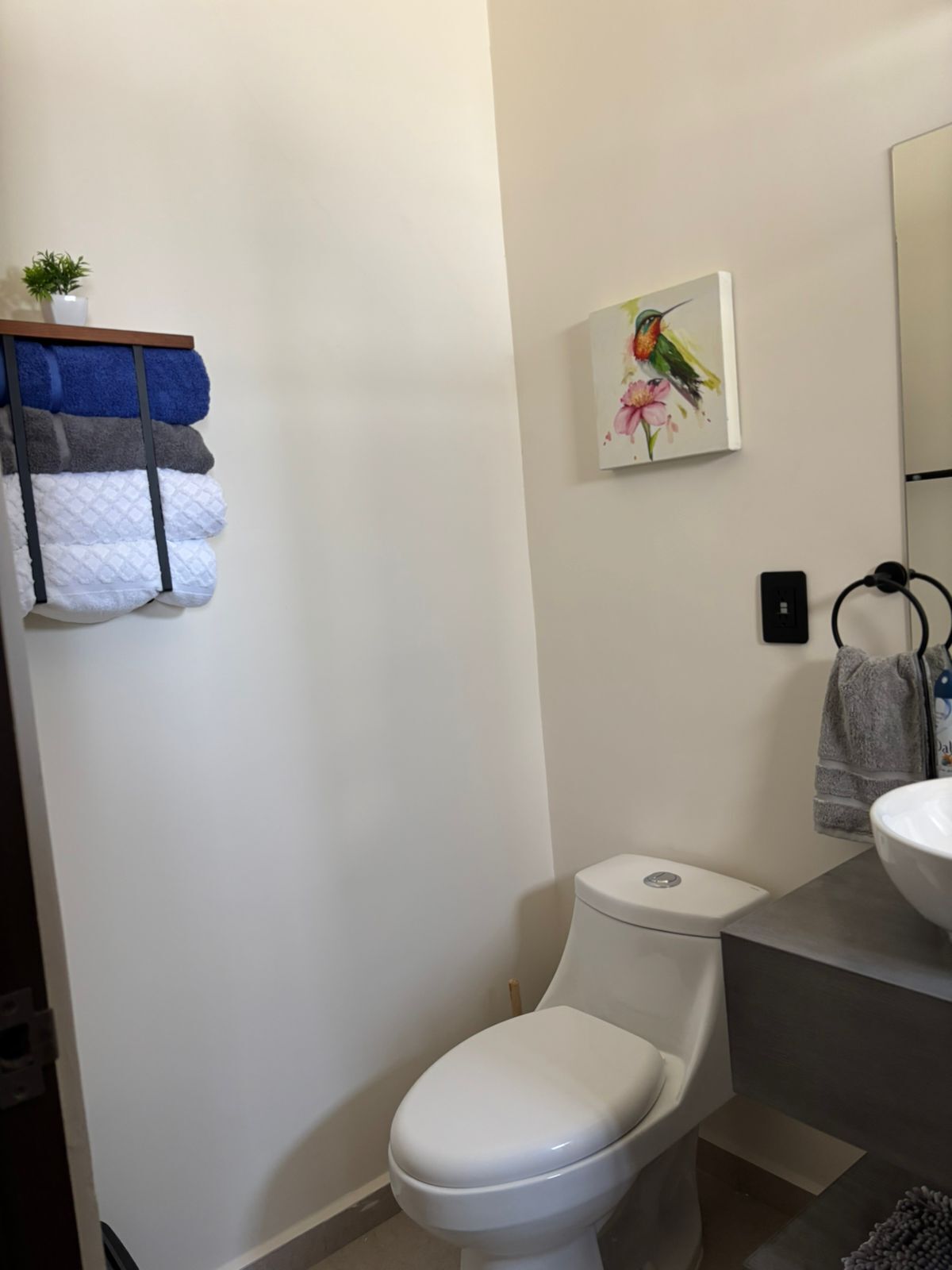 Un baño con inodoro, lavamanos, toallero con toallas e imagen colgada en la pared.