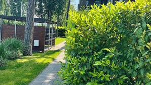 A pathway lined with green bushes and trees, leading to a modern building with a glass facade. - Azúr Port Siófok Balaton - Hungary (Siófok)