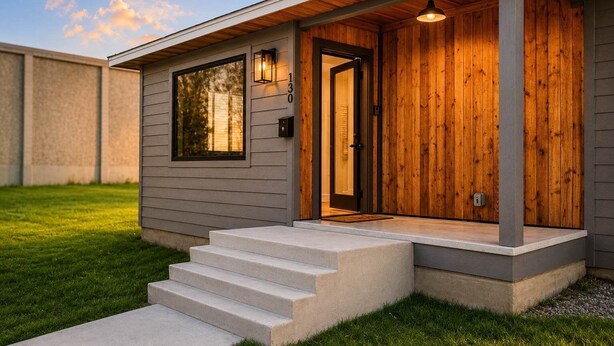 Una casa moderna con puerta principal de madera, un pequeño porche y una serie de escalones de concreto que llevan a la entrada.