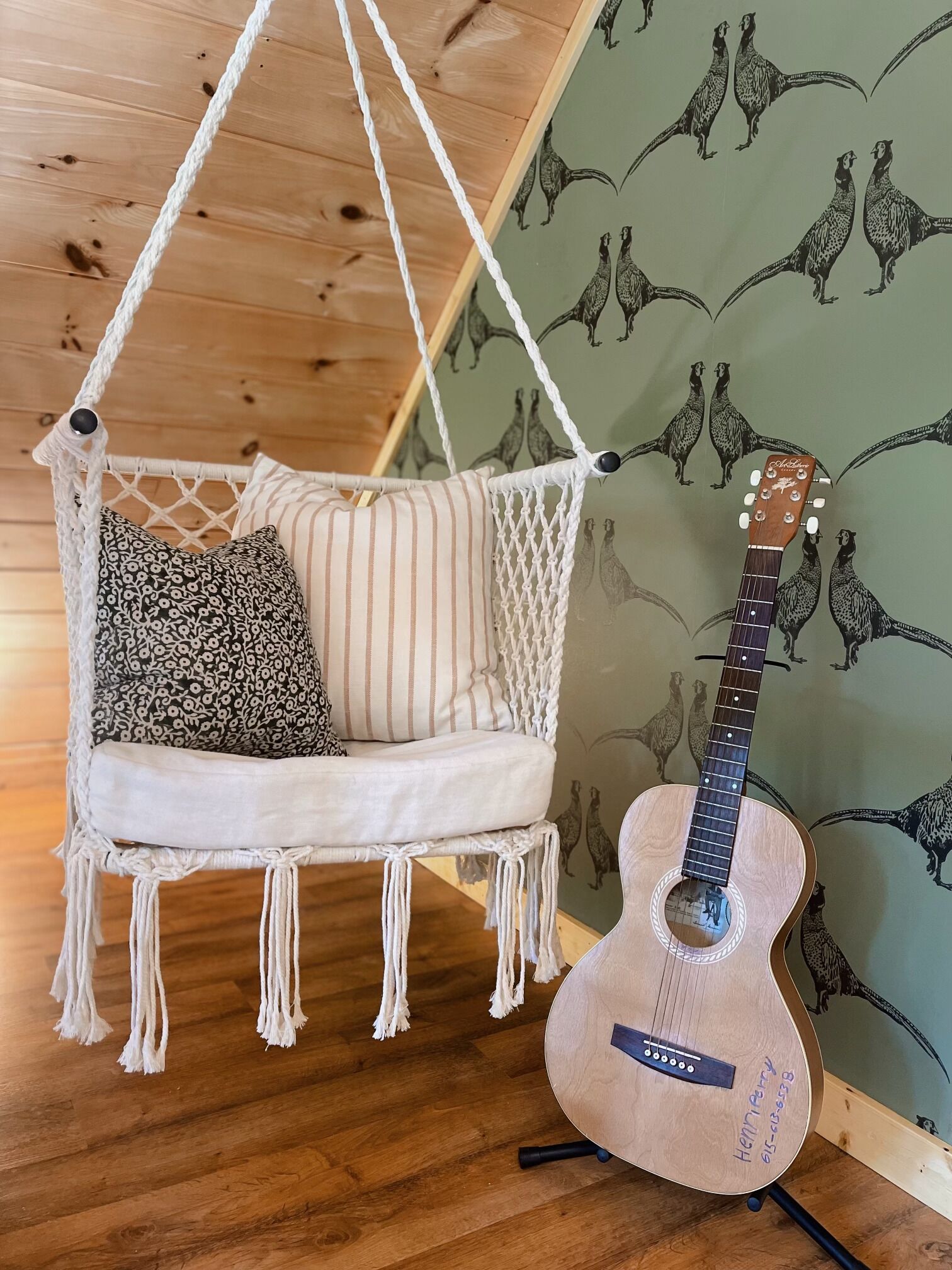 A hammock chair with macrame details, a guitar, and a wall with dinosaur prints.