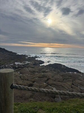 A rocky coastal landscape with a rope barrier, a wooden post, and a view of the ocean under a cloudy sky. - Charming 2-bedroom condo in Depoe Bay with ocean views (Depoe Bay)